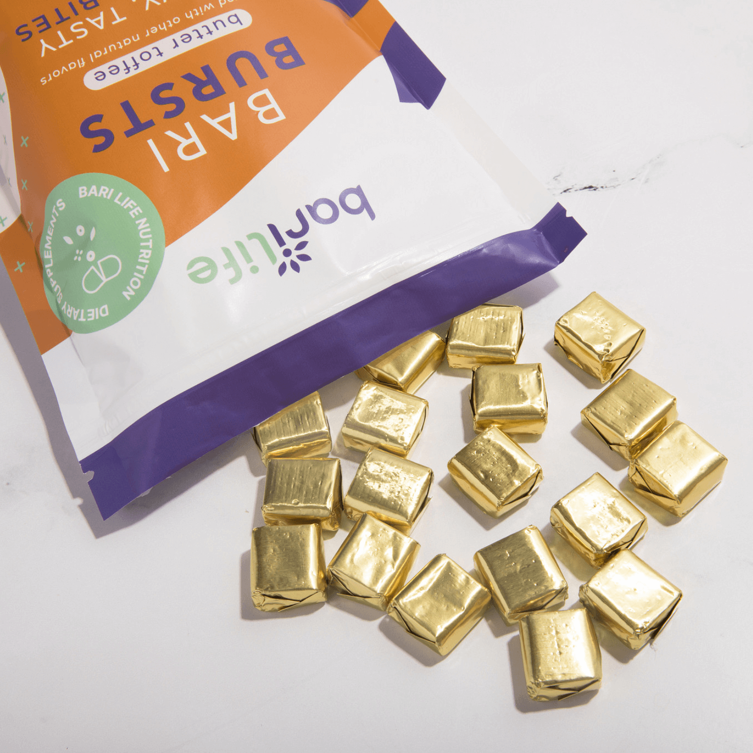 BariBurst Bariatric Calcium Chews with golden wrappers, packed for better absorption and delicious taste.